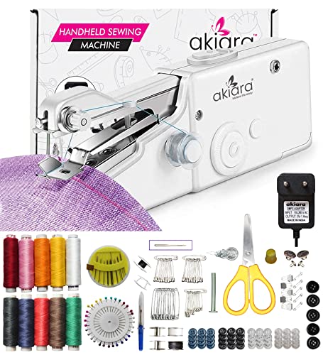 akiara – Makes life easy Handy Sewing Machine/Stitch Machine | Mini Silai Machine for Home Tailoring use with Sewing Kit and Thread Scissors, Needle All in One Sewing (Handy Sewing + Kit 3) white